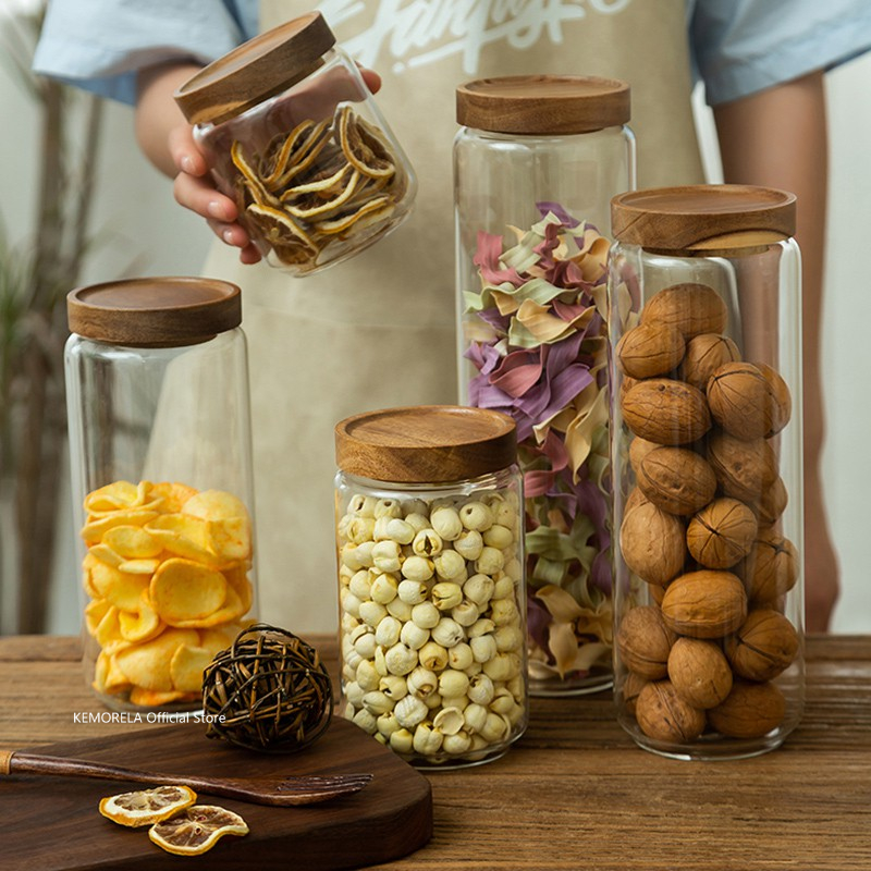 Food Storage With Glass Lids - Drewniana pokrywka Szklany hermetyczny kanister Butelki